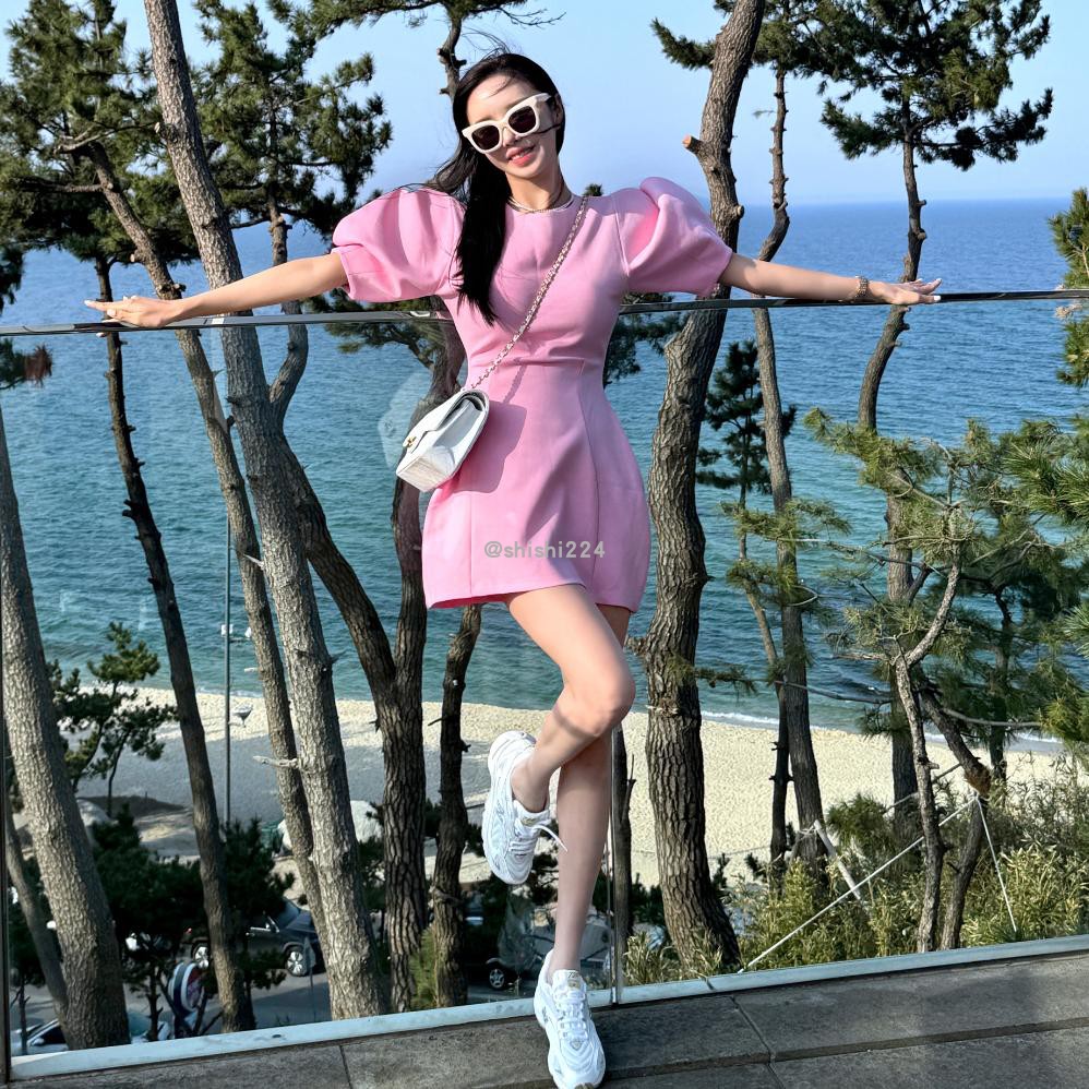 韩国官网代购夏款 迷人LADY甜美小圆领花苞袖收腰小A字连衣裙