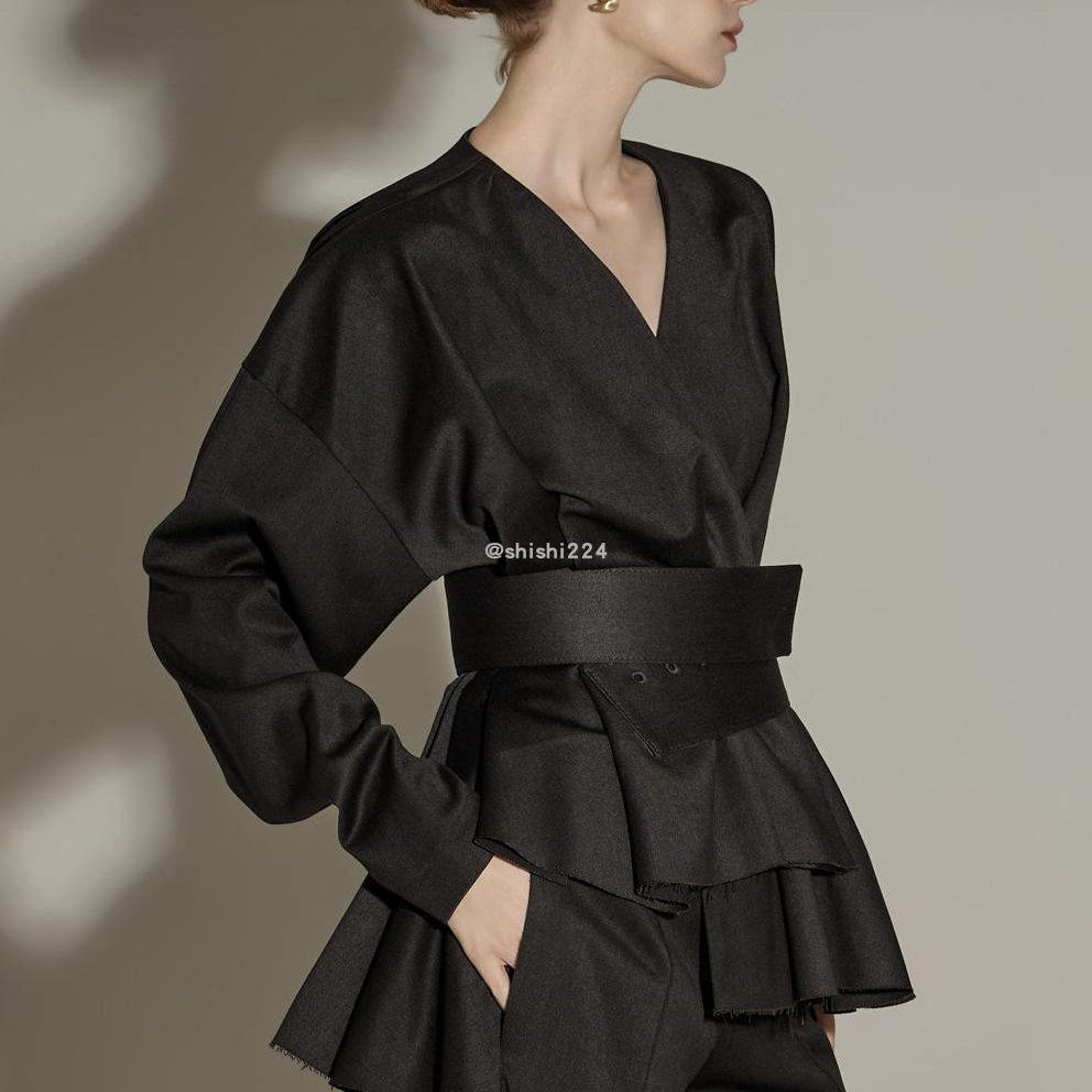 韩国直邮DINT正品代购毛边不规则下摆V领修身腰带夹克外套