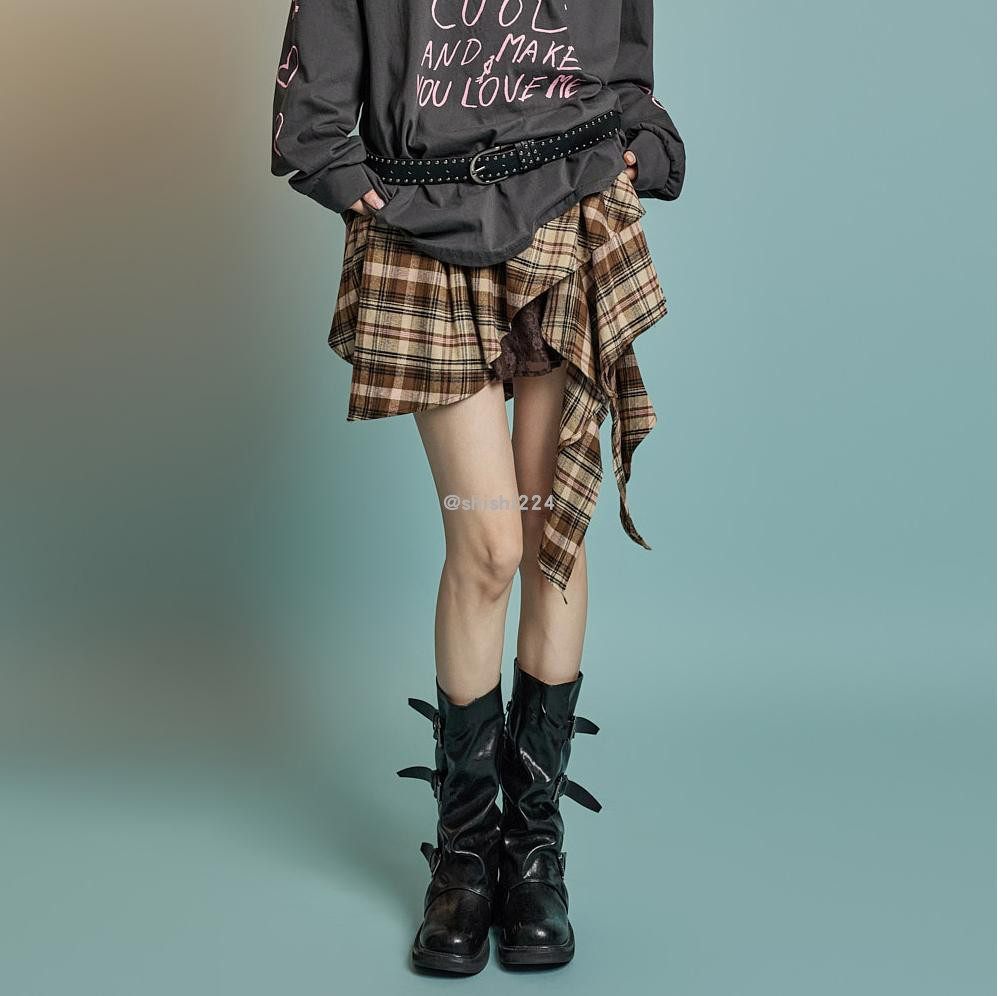 韩国直邮DINT正品代购不规则松紧腰蕾丝点缀格子短裙半身裙