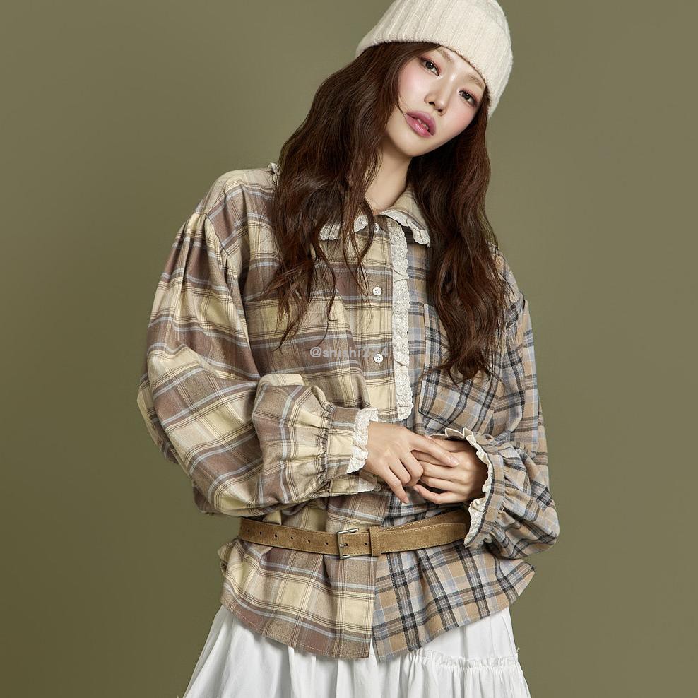 韩国直邮DINT正品代购宽松长袖翻领蕾丝花边两边配色格子衬衫