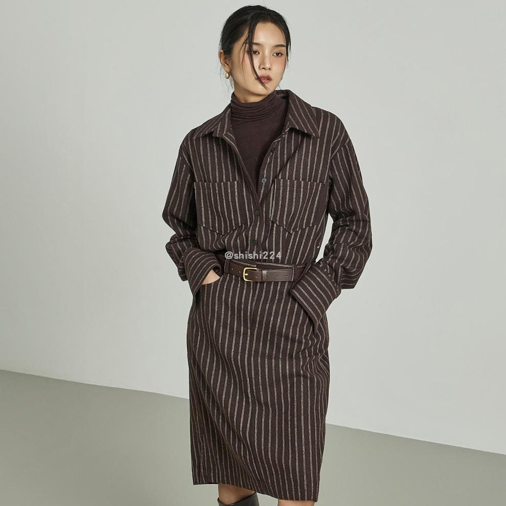 韩国直邮DINT正品代购侧袋腰后松紧长袖条纹毛织衬衫连衣裙
