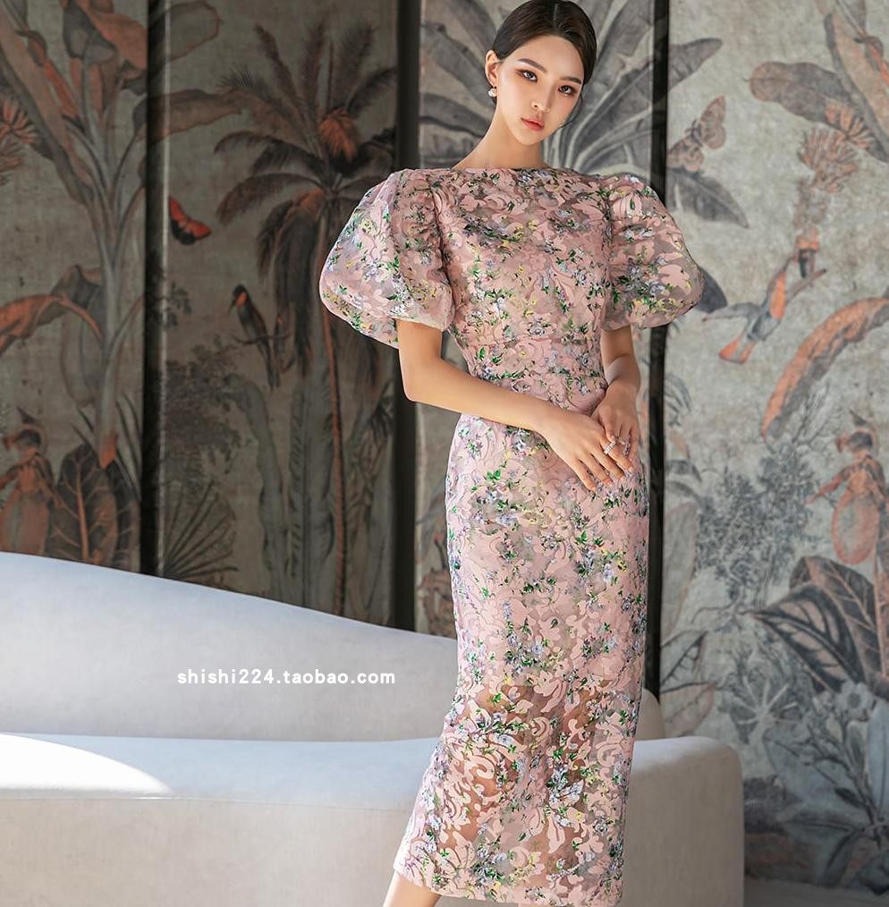 韩国正品代购直发Dint法式雅致花色高腰泡泡圆领短袖连衣裙