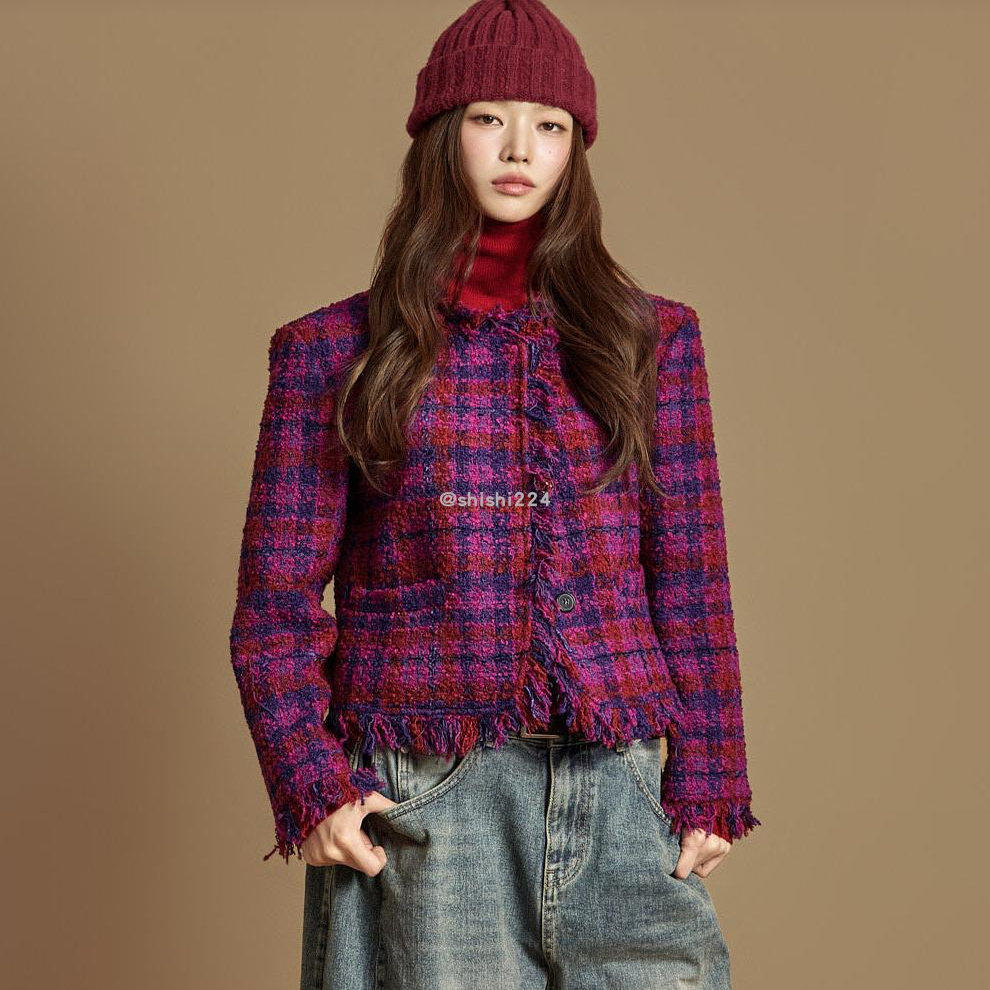 韩国直邮DINT正品代购两侧袋修身短款流苏边粗花呢夹克外套