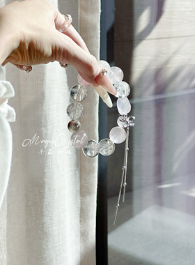 【粉蝶】天然巨无霸粉水晶白水晶白阿塞天然水晶手串蝴蝶结流苏