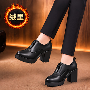 2026新款法式黑色尖头平底方跟高跟软皮真皮气质百搭深口女士单鞋