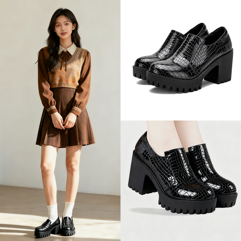 秋冬粗跟软底高跟防水台花皮深口圆头旗袍走秀妈妈单鞋女黑色皮鞋