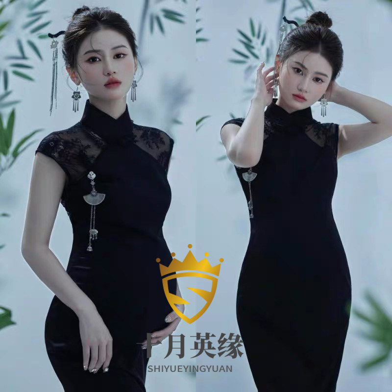 새로운 스타일의 출산 사진 CHEONGSAM 중국 스타일의 검은 벨벳 임신 어머니 예술 사진 드레스는 복고풍 스타일의 의류 사진 스커트로 장식