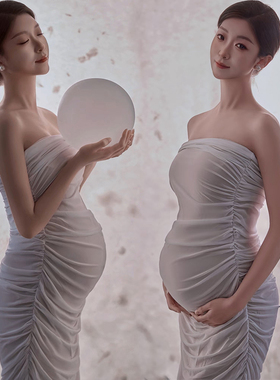 影楼新款孕妇紧身白色简约室内性感抹胸连衣裙艺术写真照摄影服装