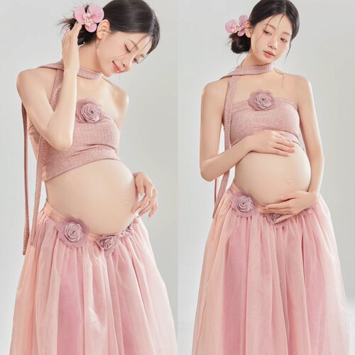 孕妇拍照服装新款唯美风小清新粉色两件套孕妈咪大肚照衣服在家拍
