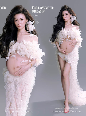 影楼新款孕妈咪白色简约法式性感连衣裙高级感艺术照写真摄影服装