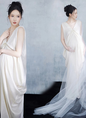 影楼新款孕妇照服装唯美时尚孕妈咪纯欲风白色高级感大肚照连衣裙