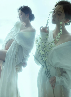 影楼新款孕妇照服装白色简约时尚连衣裙孕妈大肚艺术照写真摄影服