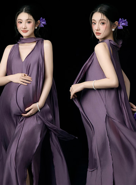 影楼新款简约孕妇拍照服装纯欲高级感气质紫色连衣裙孕妈摄影服装