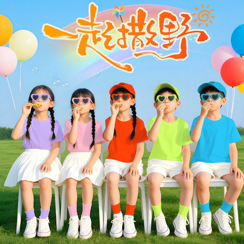 儿童糖果色短袖彩色t恤小学生活动班服幼儿园多巴胺服装亲子套装