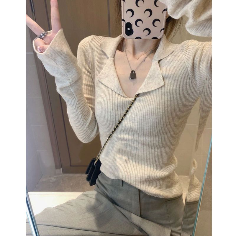 2025早秋喇叭袖POLO领针织衫女新款套头长袖百搭打底衫潮修身显瘦