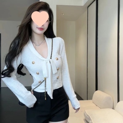 法式重工金属扣提花飘带针织衫女秋季气质V领修身高级感漂亮上衣