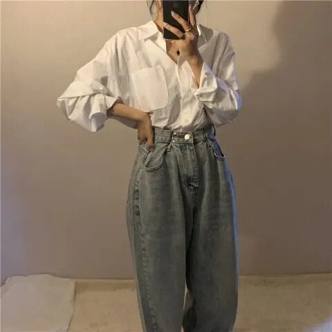 白色衬衫女秋季新款韩版学生宽松长袖衬衣港风复古设计感百搭上衣
