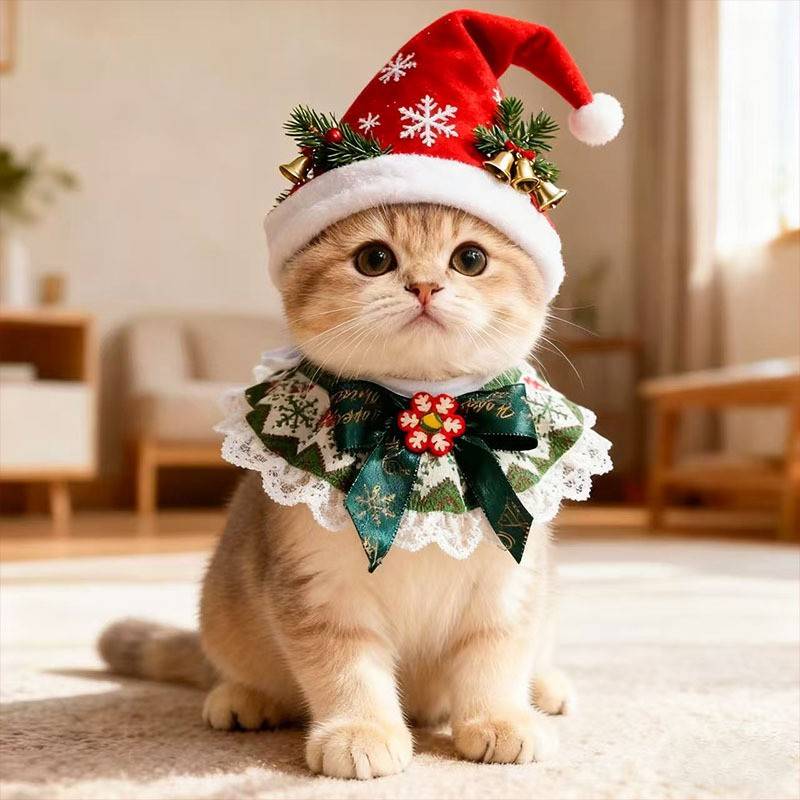 圣诞宠物蕾丝边三角巾围兜围脖