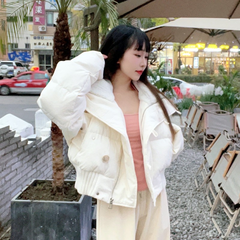清仓白鸭绒羽绒服女冬季新款高腰羊羔毛领大翻领短款面包服外套潮