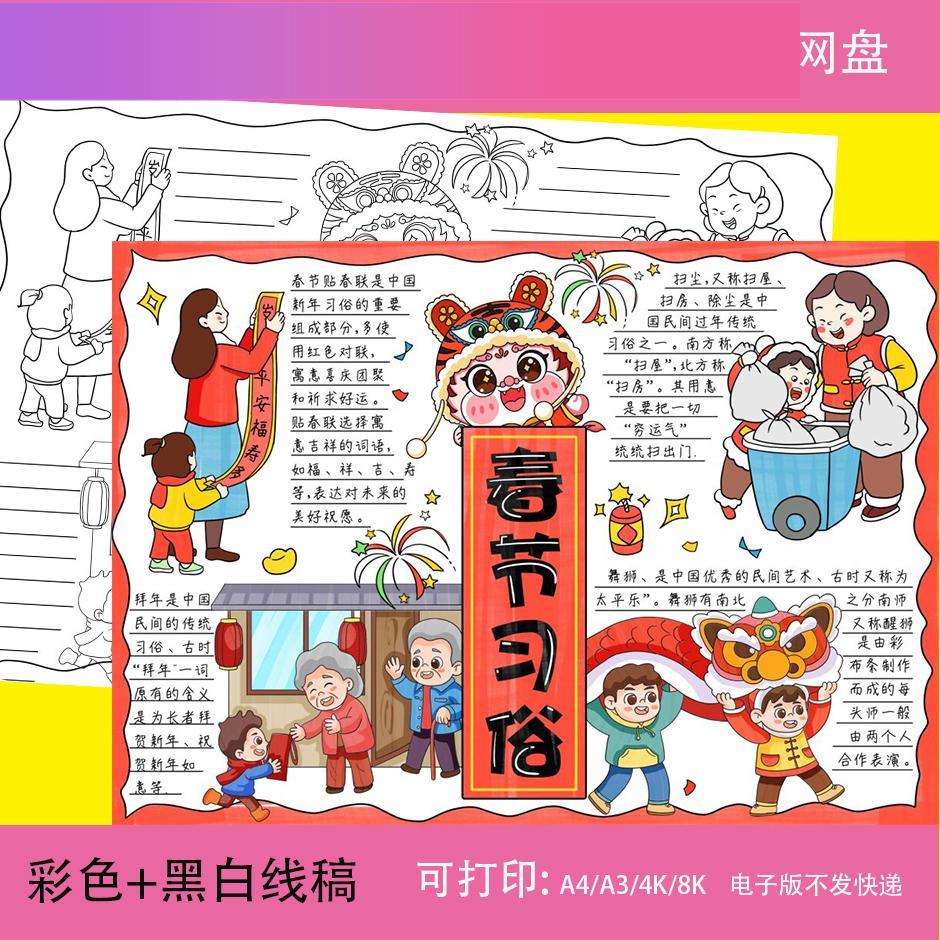 电子版新年春节习俗手抄小报新年传统民俗拜年贴春联舞狮扫房子模