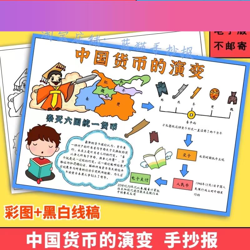 电子版货币发展史手抄报中国货币的演变数学电子版小报黑白线描涂