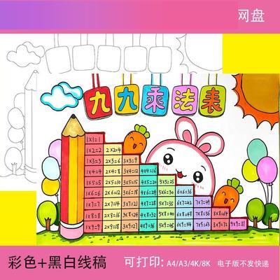 电子版乘法口诀表手抄报小九九小报电子模板小学生数学主题黑白线