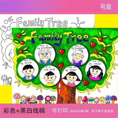 电子版My Family 英文儿童绘画模板小学生英语家庭树家人家谱介绍
