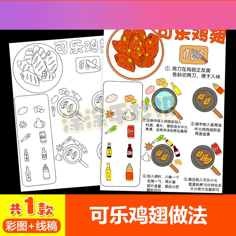电子版可乐鸡翅做法操作过程手抄报中华美食家乡特色食谱绘画电子