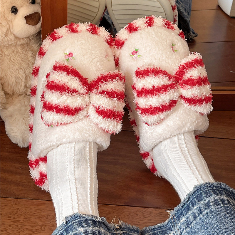 冬季居家包头防滑保暖舒适个性情侣毛毛鞋简约撞色条纹棉拖鞋男女