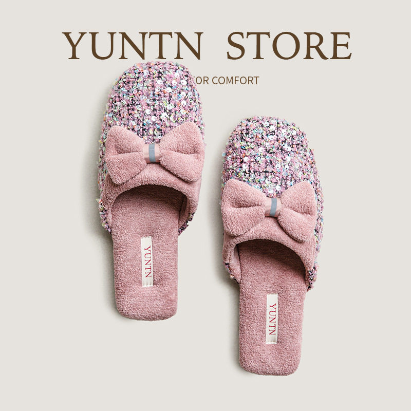 秋冬季甜美时尚亮片加绒保暖棉拖鞋女可爱蝴蝶结防滑牛筋底居家鞋,女鞋,包头拖,淘宝优惠券,粉丝福利购,淘宝优惠卷