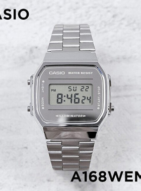 卡西欧CASIO A168WEM-7 银面钢带复古方块七年电力防水电子手表