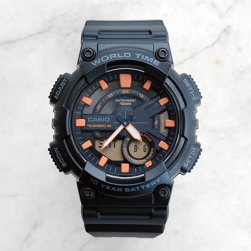 卡西欧手表男casio aeq-110w-1a2学生经典复古夜光指针双显电子表