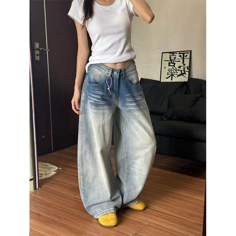 小个子美式覆古刺绣牛仔裤女款裤子宽松显瘦超好看低腰弯刀休闲裤