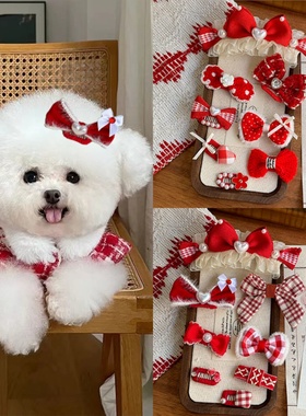 新年红色手工迷你碎发宠物bb夹蝴蝶结发夹饰品猫咪头饰约克夏比熊