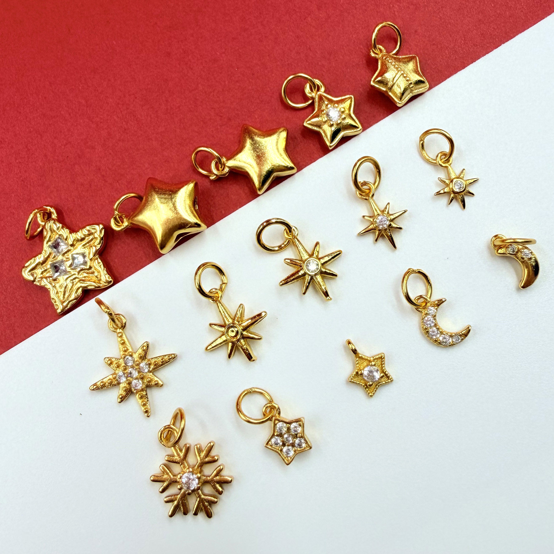 铜镀24k金日月星辰吊坠六芒星雪花提溜手工diy编绳手链配饰高保色