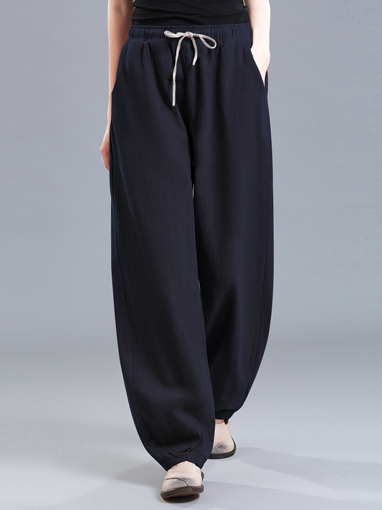 棉麻垂感灯笼裤女2024春夏新款高腰哈伦裤休闲裤宽松复古萝卜裤女
