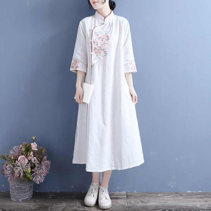 茶服女棉麻盘扣刺绣连衣裙文艺复古禅意茶艺师服装春秋中国风茶道