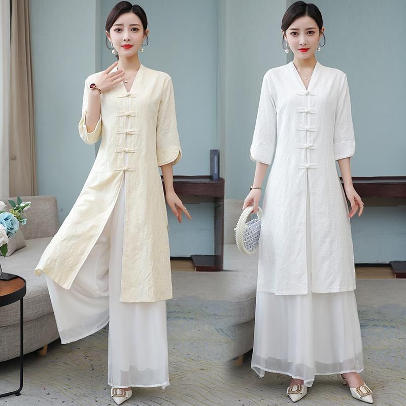禅意中国风高端茶人服女春秋茶艺师汉服改良旗袍唐装套装文艺复古
