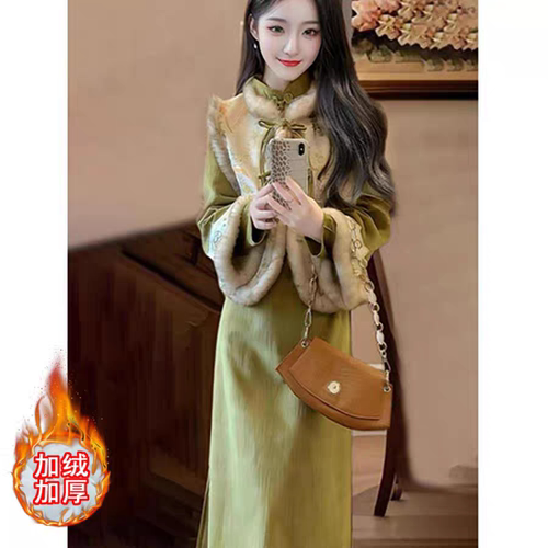 茶服女旗袍连衣裙两件套文艺复古修身显瘦茶艺师过年战服拜年服