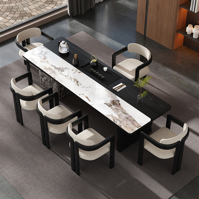 意式岩板黑色实木茶桌办公室茶台