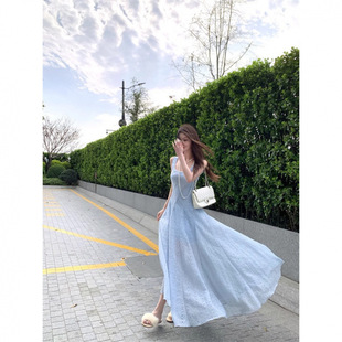 优质质量 吊带连衣裙女气质收腰显瘦a字海边度假裙 夏季 蓝色法式