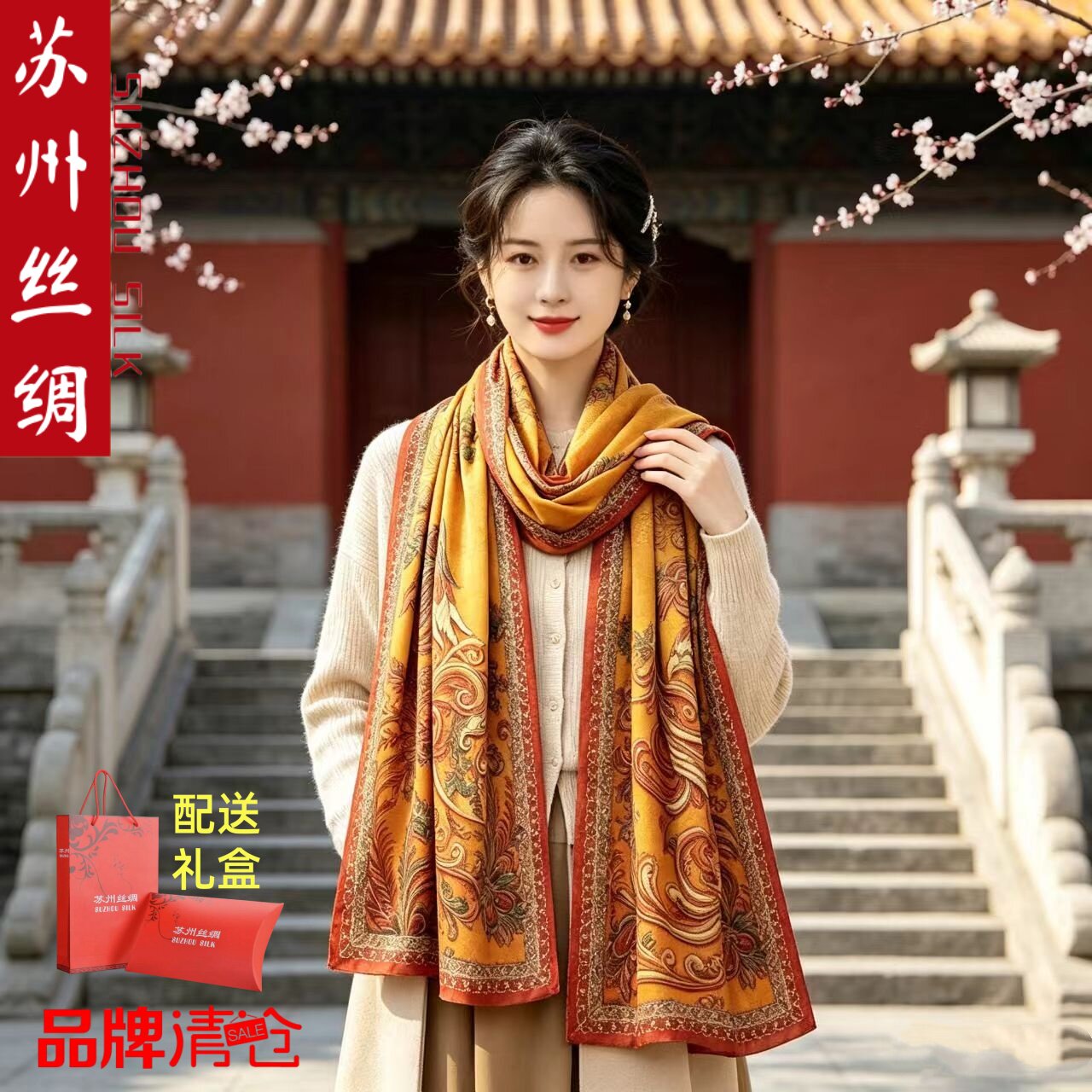 苏州丝绸香云纱真丝双面花新中式国风丝巾送礼妈妈披肩桑蚕丝围巾