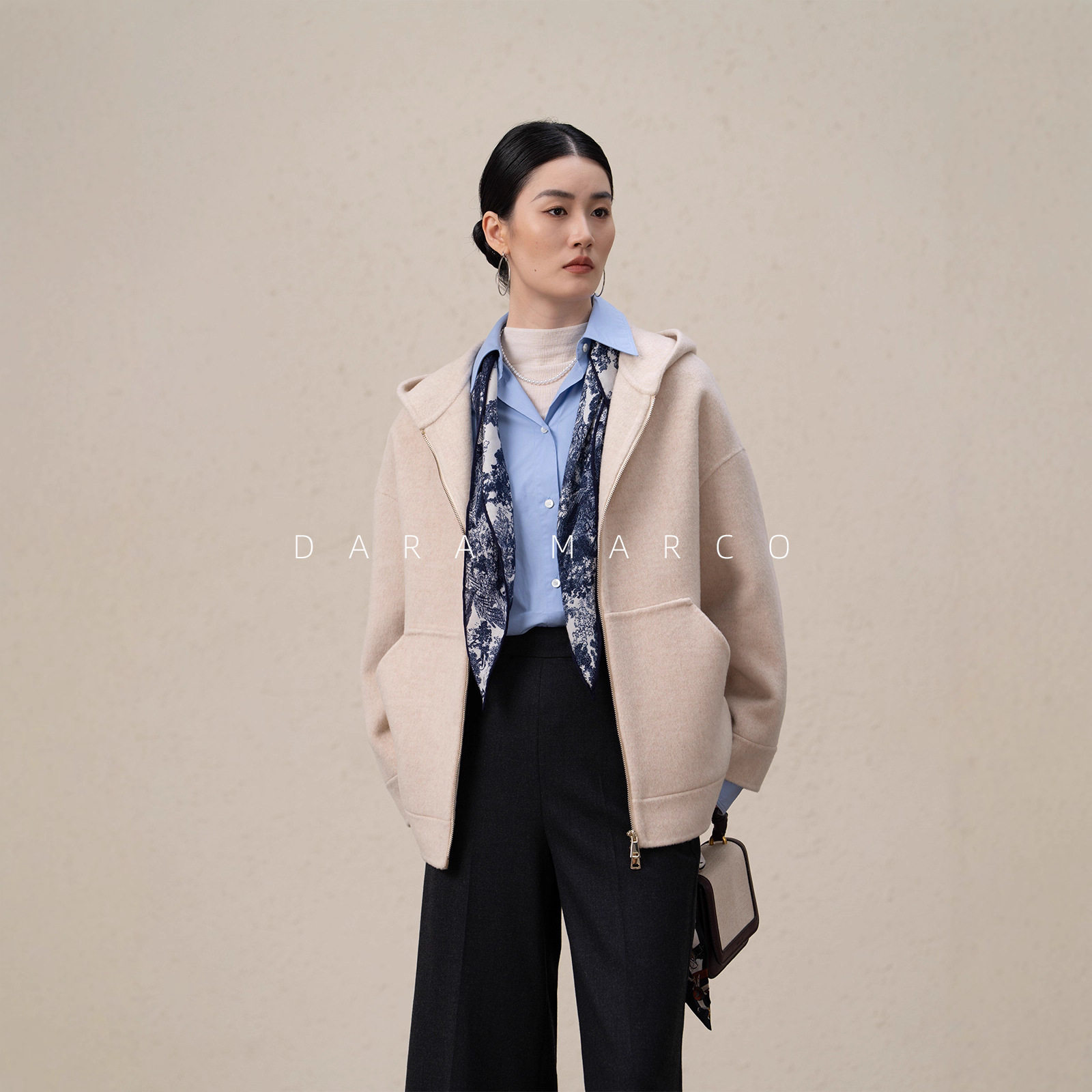 蓬松柔软M家山羊绒短款双面羊绒大衣女26秋冬新连帽减龄小个子B入