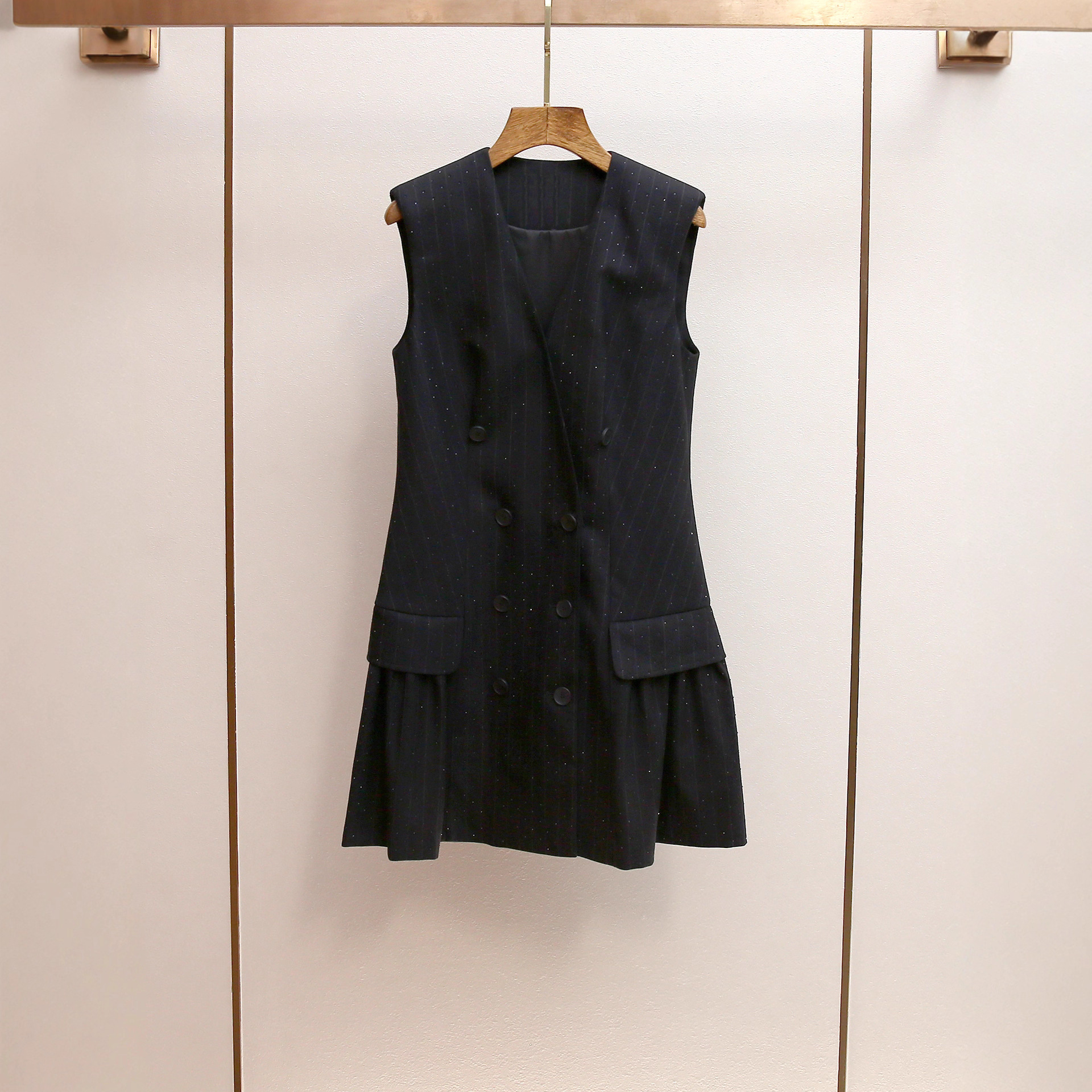 S家秋季新款法式通勤烫钻条纹双排扣西装背心直筒连衣裙女