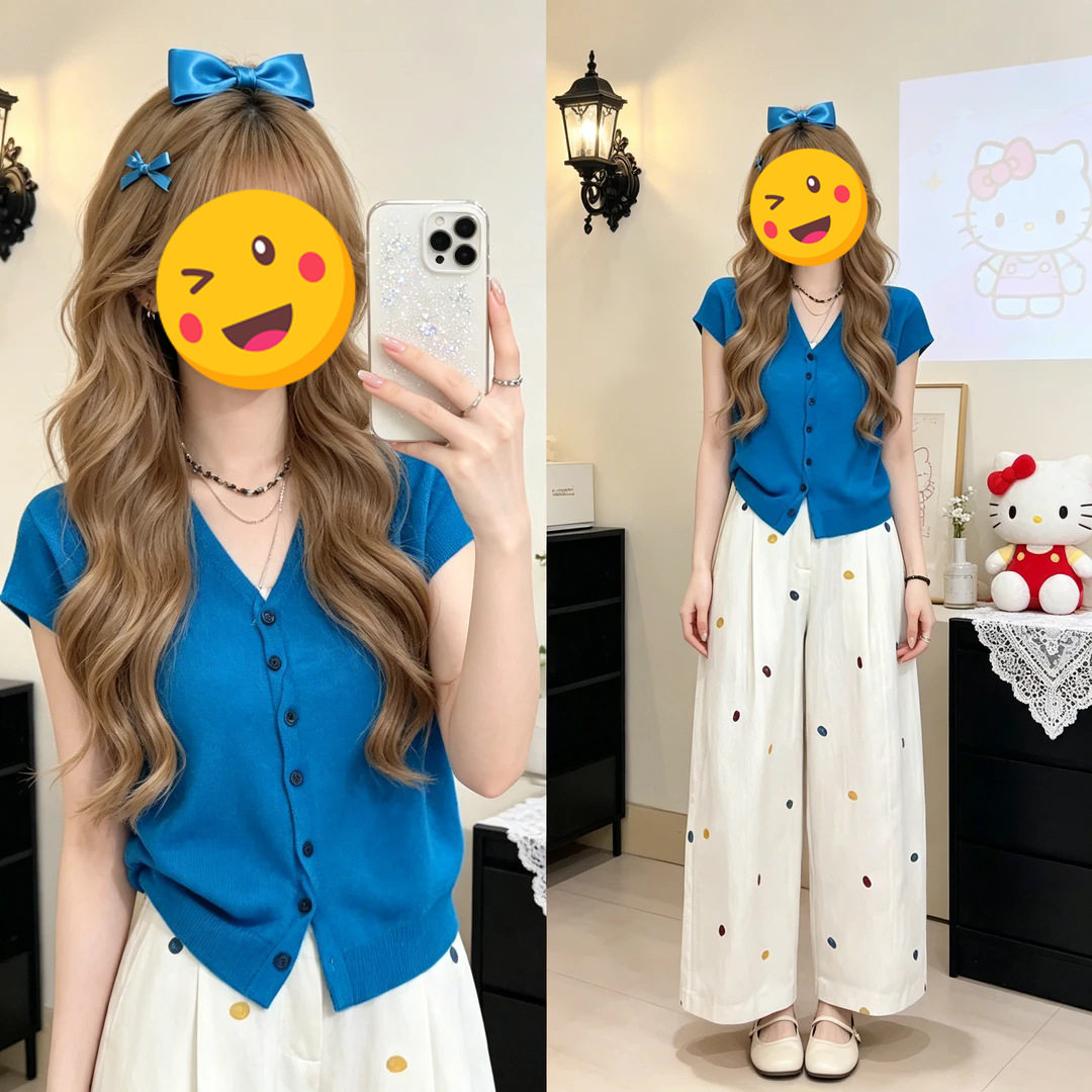 单件/少女感别致穿搭夏季新款韩版v领显气质上衣高腰遮胯休闲裤潮