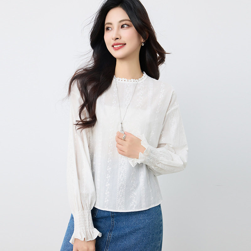 [本初]法式刺绣蕾丝花边衬衫女春夏洋气减龄百搭长袖圆领勾花上衣