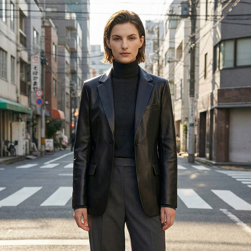 真皮皮衣女中长款 2026 春秋新款西装领 H 型廓形绵羊皮西装外套