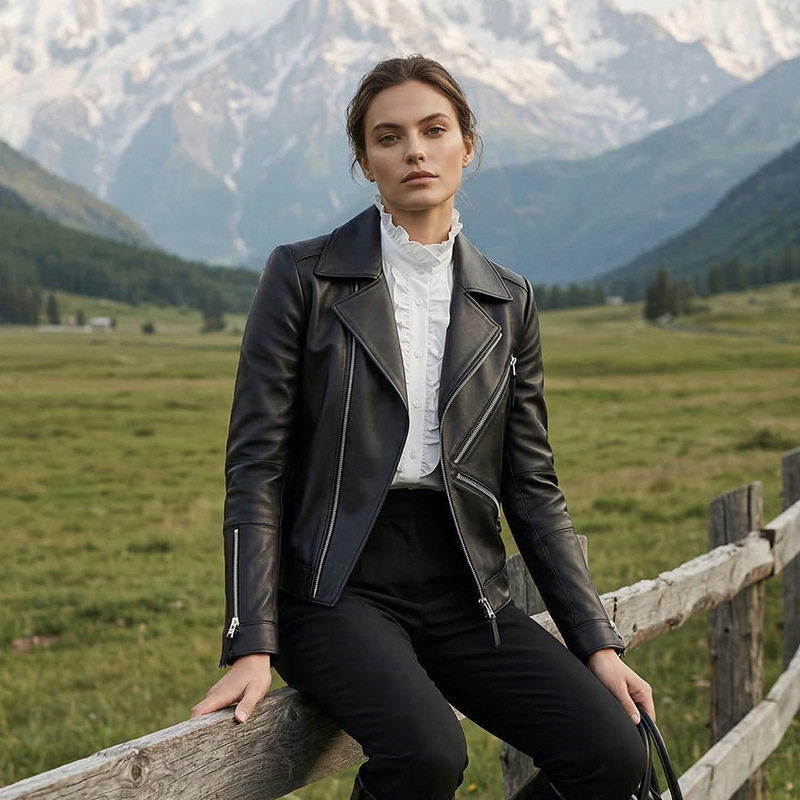 高端黑色绵羊皮皮衣女修身显瘦真皮夹克时尚气质翻领机车服潮小个