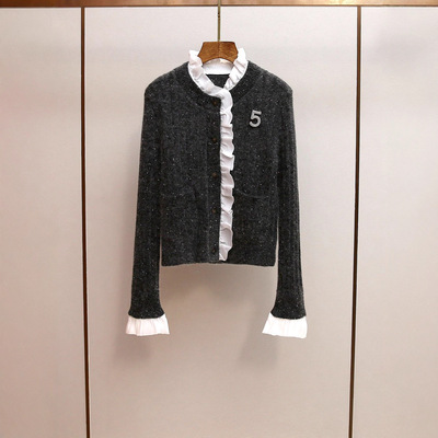 深圳南油高端女装秋季新款法式小香风毛茸茸木耳边拼接细闪针织衫