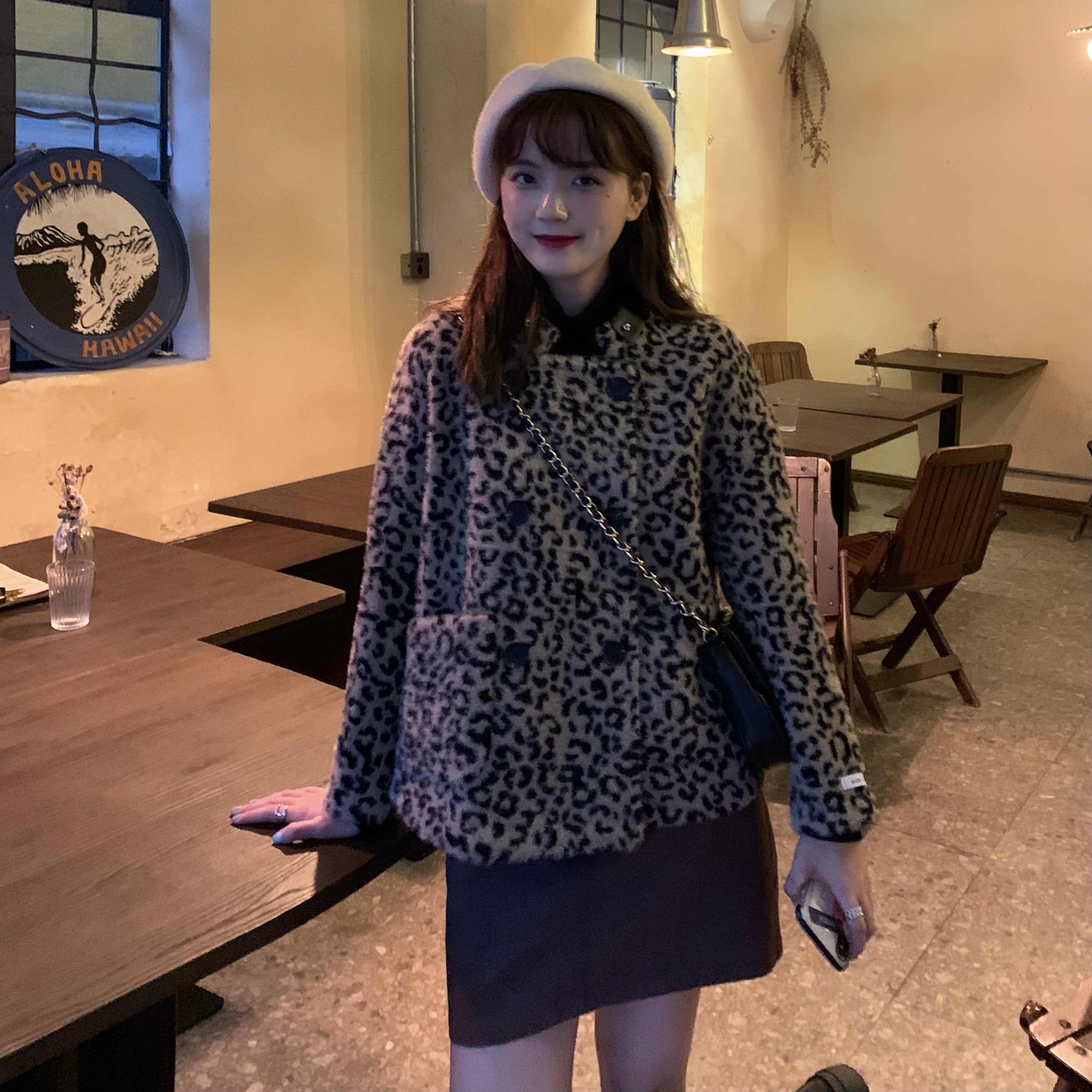 Real price real shot leather little stand collar leopard print woolen coat with cotton